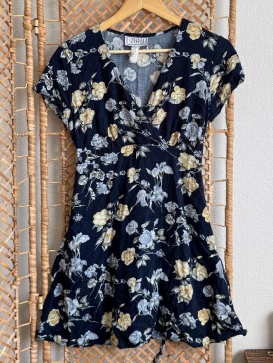 Vintage Dresses & Skirts - Vintage 90s DBY Navy Floral Wrap Mini Dress V Neck Tie Back